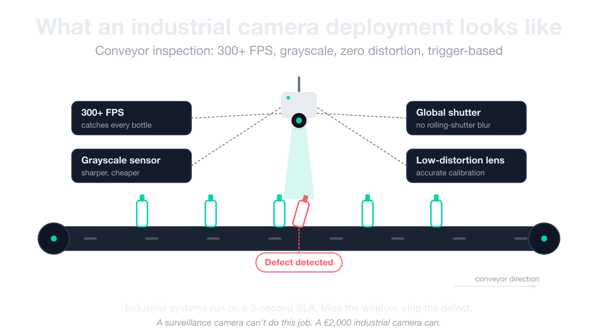 What an industrial camera deployment looks like — a conveyor inspection rig running at 300+ FPS with a grayscale global-shutter sensor and a low-distortion lens detecting a defective bottle