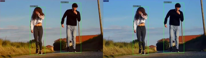 Meta-merge pipeline in action — left/right ROIs with YOLO detections and synthetic markers